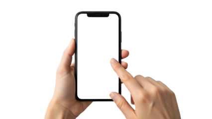 Person holding a generic smartphone with a blank white screen, tapping the display with their finger on a clean white