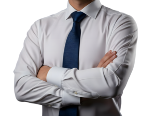 Confident businessman standing with crossed arms wearing a white shirt and blue tie, symbolizing professionalism and success