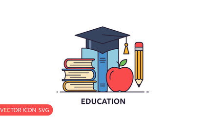 Educational icon books apple pencil and graduation cap symbolize learning