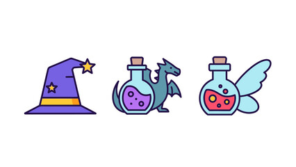 Fantasy symbols illustration featuring hat bottles dragon and wings isolated