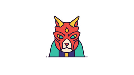 Fototapeta premium Stylized cat icon in red and yellow mask isolated on white background