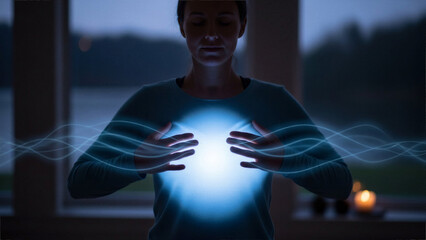 Person breathing deeply with blue light aura - Deep breath exercise, calm energy - Breathing Exercise Concept