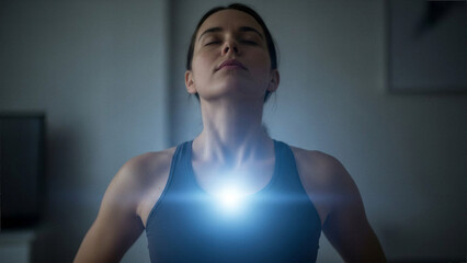 Person breathing deeply with blue light aura - Deep breath exercise, calm energy - Breathing Exercise Concept