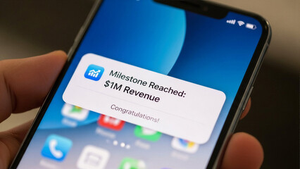 Phone notification of revenue milestone - Business achievement, real-time success - Business Milestone Concept