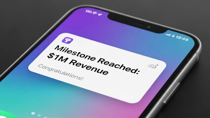 Phone notification of revenue milestone - Business achievement, real-time success - Business Milestone Concept