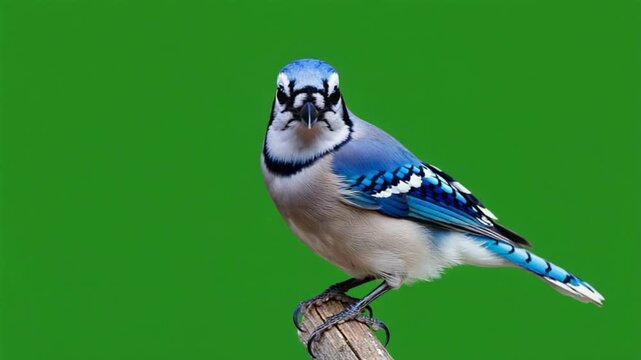 Vibrant blue jay perched on wooden stump against green background