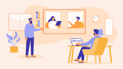 Remote team collaboration with video conference on screen