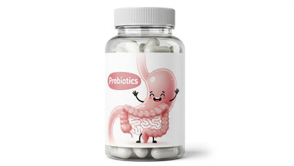 Probiotics bottle with happy digestive system - Gut health, microbiome care - Gut Health Concept