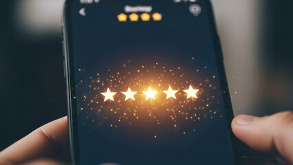 Smartphone showing 5-star customer review - Positive feedback, business reputation - Customer Review Concept