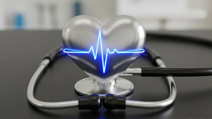 Stethoscope with heart icon chest piece - Cardiac health, medical checkup - Cardiac Health Concept