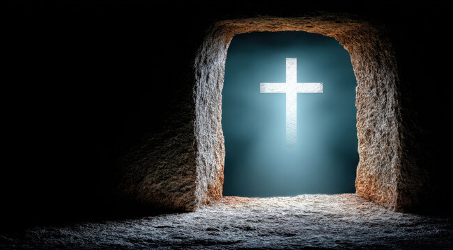 The radiant Christian cross shines out from within an open tomb