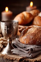 Communion elements in a dim religious scene with candles and bread