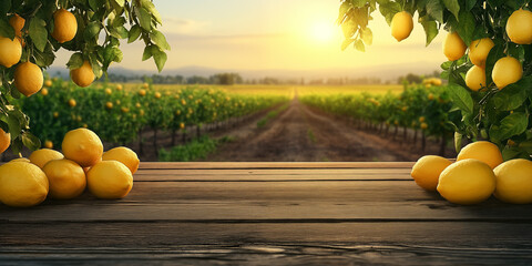 A pile of fresh ripe lemons placed on a rustic wooden table with a beautiful lemon orchard in the background glowing under warm morning sunlight. This image conveys freshness, organic farming