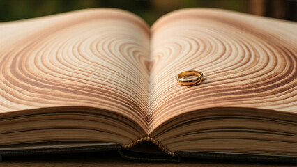 Wedding ring on book with tree ring pages - Marriage story, growing love - Marriage Concept