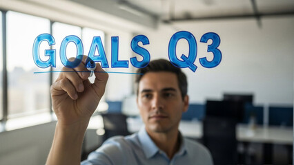 Writing quarterly goals on glass wall - Business planning, strategic vision - Strategic Planning Concept