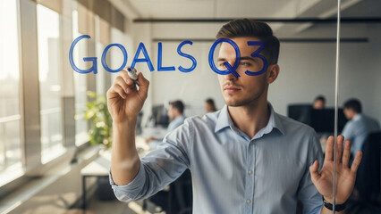 Writing quarterly goals on glass wall - Business planning, strategic vision - Strategic Planning Concept