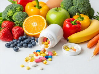 A bottle of vitamins spilled onto a clean, white surface, with vibrant fruits and vegetables arranged around it, natural health concept