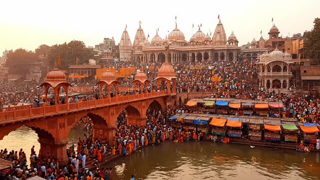 A vibrant scene of devotees gathering on a bridge in Haridwar, India, with colorful boats and temples in the background