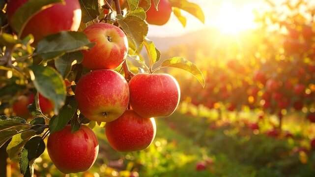 A cluster of ripe red apples hangs on a branch bathed in sunlight with a blurred orchard in the background