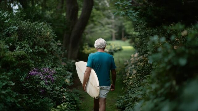 Senior man walking with surfboard through lush green park on a sunny day relaxing outdoor scene