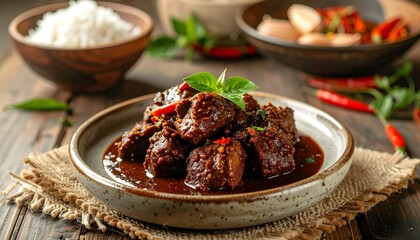 Authentic Indonesian Rendang Beef Served in Dark Coconut Curry