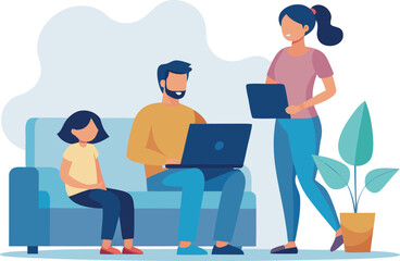 Diverse family sitting together and discussing online safety rules and digital citizenship at home illustration