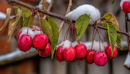 Winter berries covered with snow on a tree branch