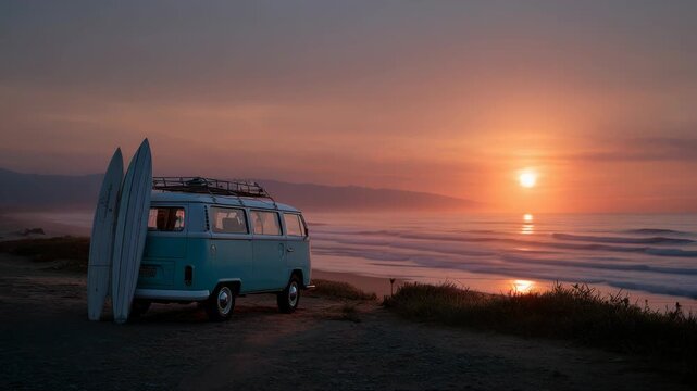 Serene Sunset Over Ocean with Vintage Van and Surfboards on Beach at Dusk