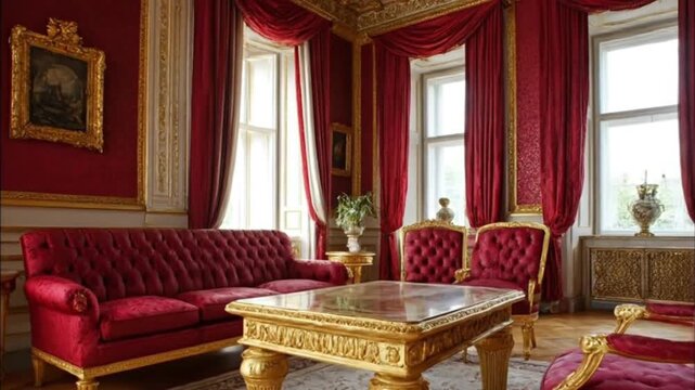 This opulent interior showcases a lavish, empty room adorned with rich crimson velvet seating, including a grand sofa and elegant chairs, all featuring intricate tufted details and gleaming gold accen