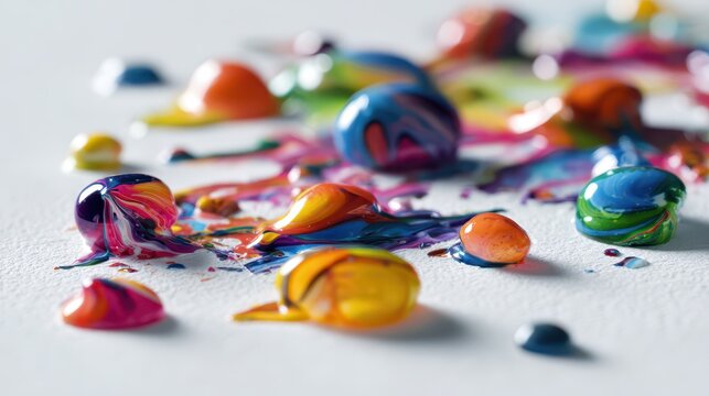 Textured acrylic paint drips and blobs in a lively abstract on white