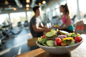 Naklejka premium Top-view moment: two fitness enthusiasts share a fresh salad after a workout in a bright gym