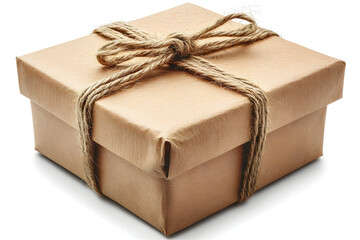 A beautifully wrapped gift box with twine ribbon, set against a soft white background, ideal for celebrations