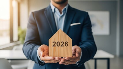 A businessman holds a wooden house cutout with "2026" on it, symbolizing future home ownership