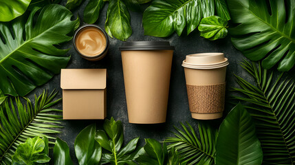 A collection of eco-friendly coffee cups and a takeout box arranged on a dark stone surface surrounded by lush green leaves