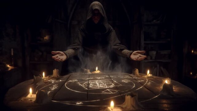 Enigmatic Ritual Scene, Ethereal Figure Invokes Old Magic Amidst Flickering Candle Flames And Smoke