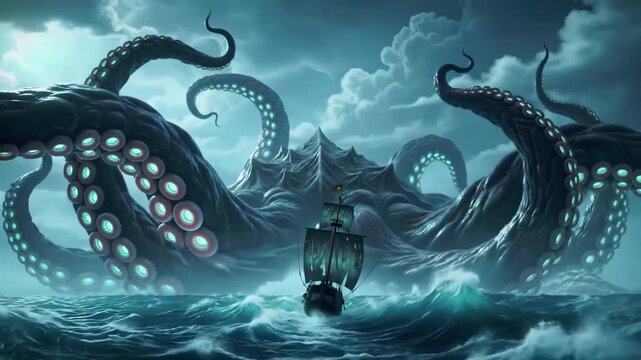Giant kraken attacking ship on stormy sea, mountainous background, fantasy art, illustrative use