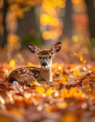 Fawn rests amid vibrant fallen leaves in a sunlit autumnal forest