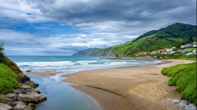 This panoramic shot captures a breathtaking coastal landscape where a serene river gently flows across a golden sandy beach before meeting the expansive, deep blue ocean. Rolling green hills and majes