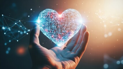 A hand cradles a glowing, digital heart, connected by lines and points in a dark background