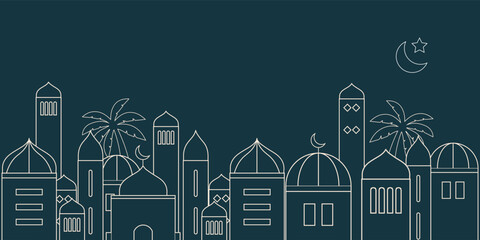 Ramadan Kareem background in line art style. Modern linear Islamic greeting card template. Eid Al-Fitr Mubarak greeting cards, poster, banner, cover with copy space, Collection Arabic geometric shape.