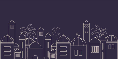 Ramadan Kareem background in line art style. Modern linear Islamic greeting card template. Eid Al-Fitr Mubarak greeting cards, poster, banner, cover with copy space, Collection Arabic geometric shape.