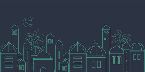 Ramadan Kareem background in line art style. Modern linear Islamic greeting card template. Eid Al-Fitr Mubarak greeting cards, poster, banner, cover with copy space, Collection Arabic geometric shape.