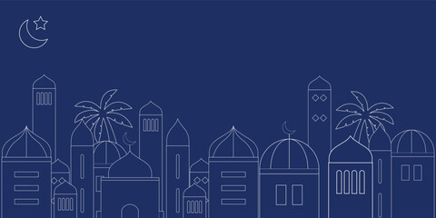 Ramadan Kareem background in line art style. Modern linear Islamic greeting card template. Eid Al-Fitr Mubarak greeting cards, poster, banner, cover with copy space, Collection Arabic geometric shape.