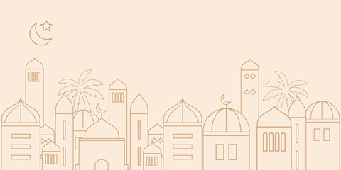 Ramadan Kareem background in line art style. Modern linear Islamic greeting card template. Eid Al-Fitr Mubarak greeting cards, poster, banner, cover with copy space, Collection Arabic geometric shape.