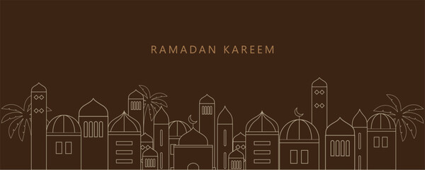 Ramadan Kareem background in line art style. Modern linear Islamic greeting card template. Eid Al-Fitr Mubarak greeting cards, poster, banner, cover with copy space, Collection Arabic geometric shape.