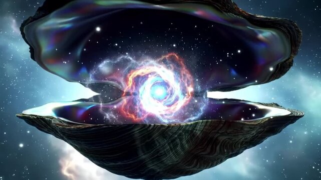 Mystical clam shell opens to reveal nebula and stars in the deep cosmos. For inspiration