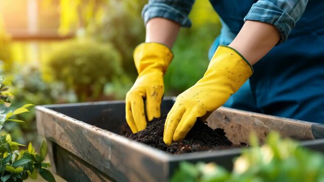 Gardener Wearing Yellow Gloves Working in Garden Soil with Plants and Greenery in Background