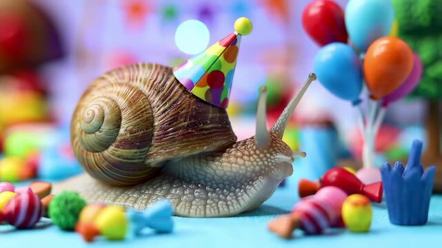 Snail wearing party hat with balloons and decorations, celebrating a birthday, for festive use