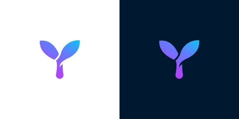 Abstract gradient logo representing growth and innovation, depicted as a stylized sprout or leaf in purple and blue hues on white and dark backgrounds