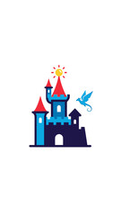 Cartoon castle with a dragon sun and stylized architectural design